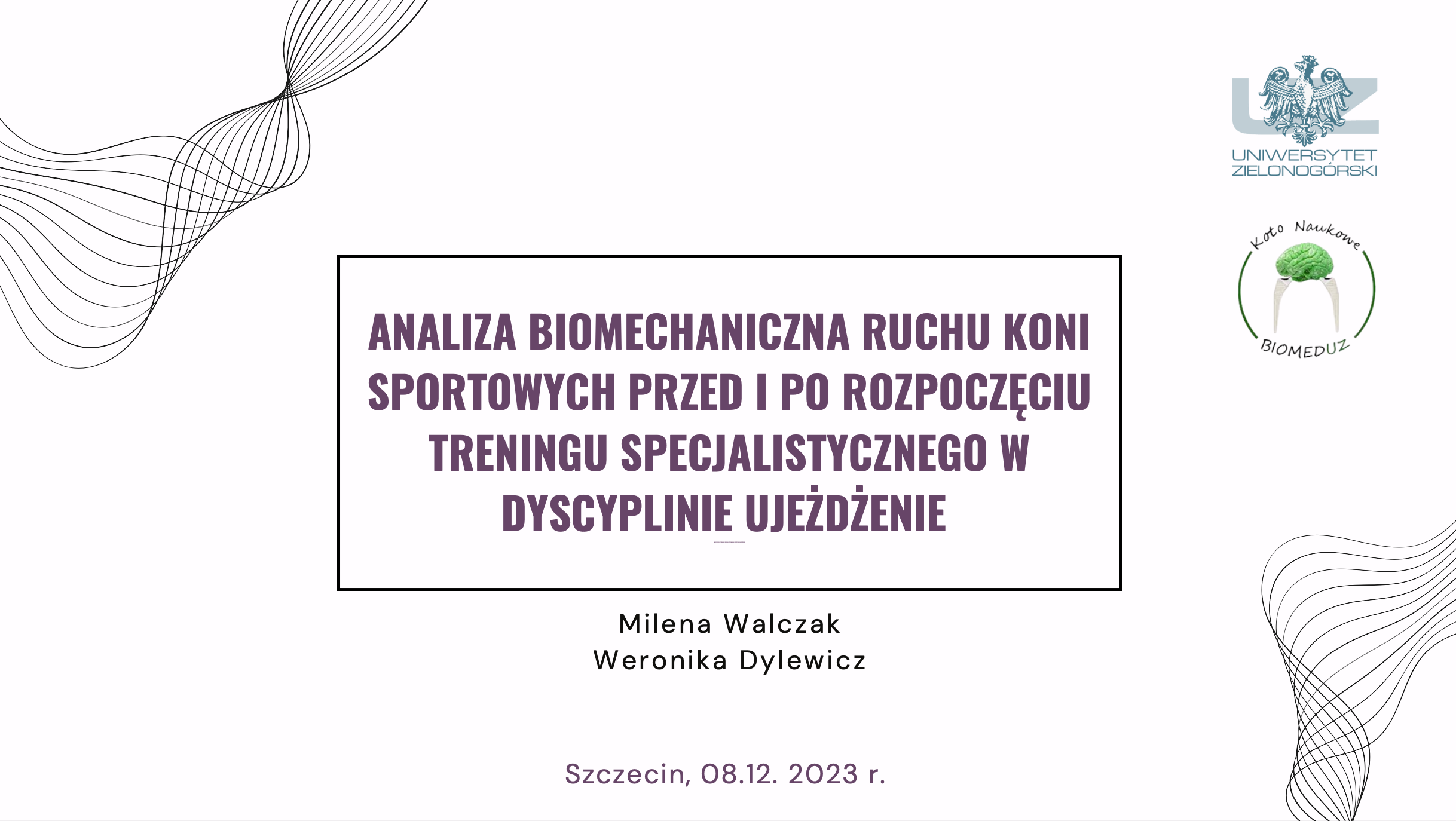 Title slide of a presentation with scientific logos in the top right corner, containing a green brain and a stylized eagle, and black wave patterns in the top left and bottom right corners. The text on the slide is in Polish, with the main title in bold purple font and the authors' names and date in smaller font.