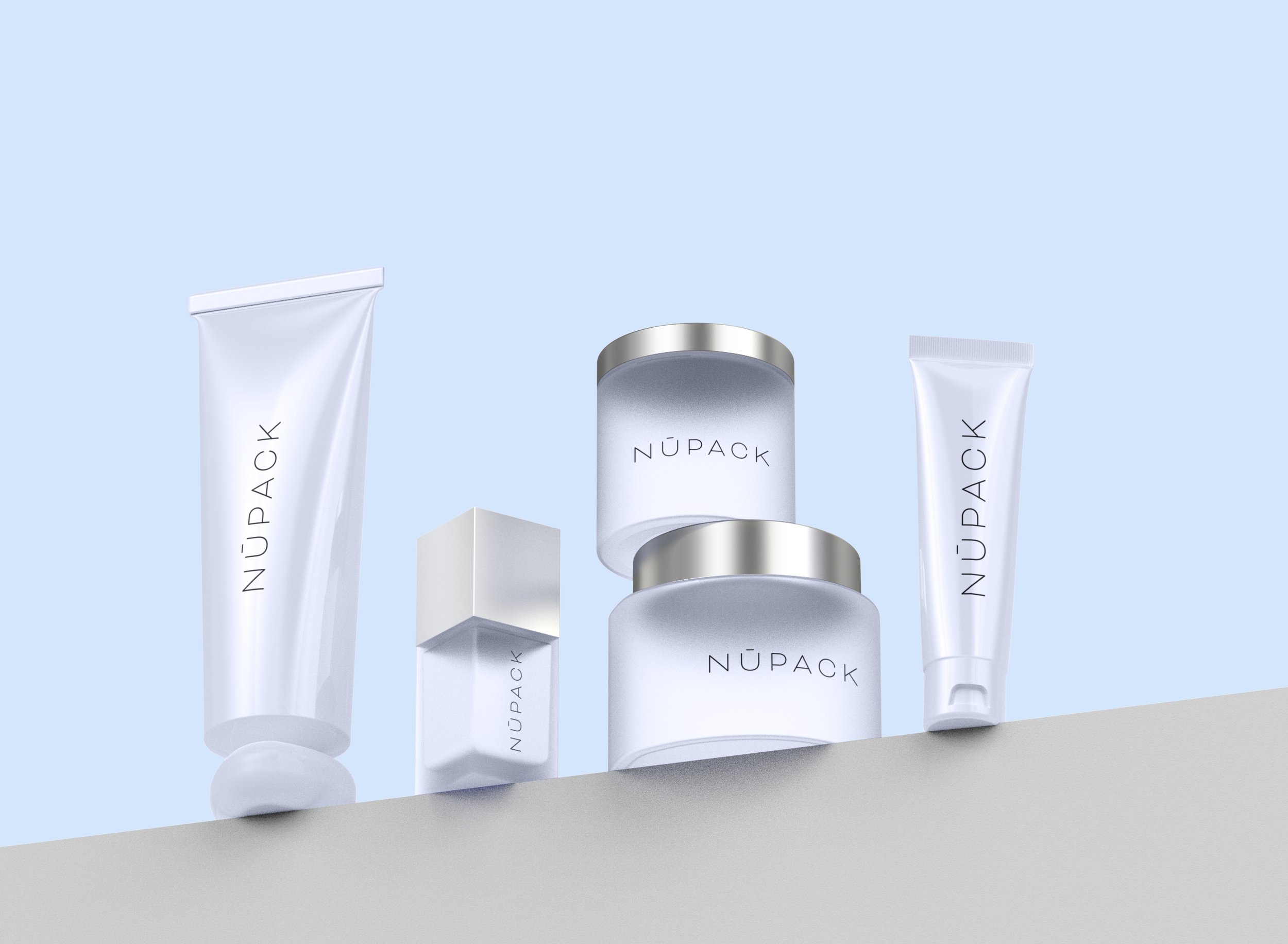 Collection of skincare products with white and silver packaging against a light blue background.