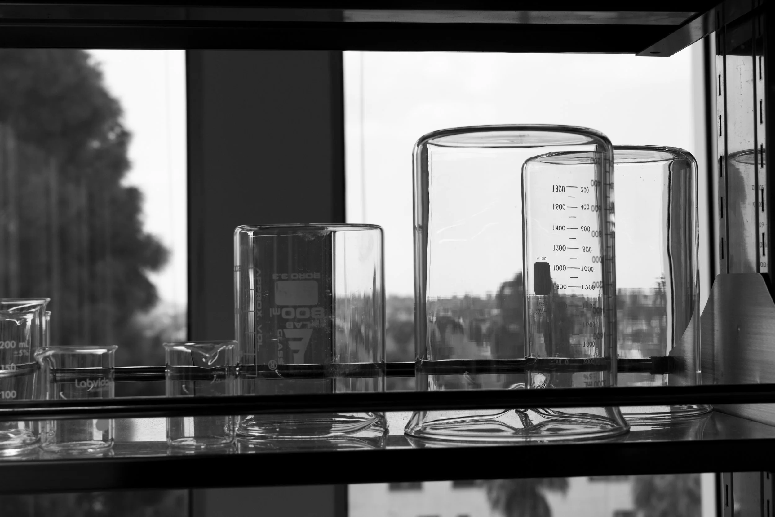 Collection of laboratory glassware including beakers and measuring cylinders on a shelf, with a blurred outdoor background.