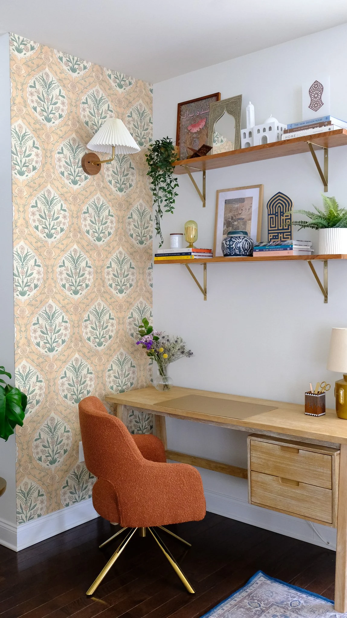 This study nook is elevated with a South Asian–inspired wallpaper from Marble Lotus, installed using traditional paste for a refined, high-end finish that brings depth, culture, and intention to the space.