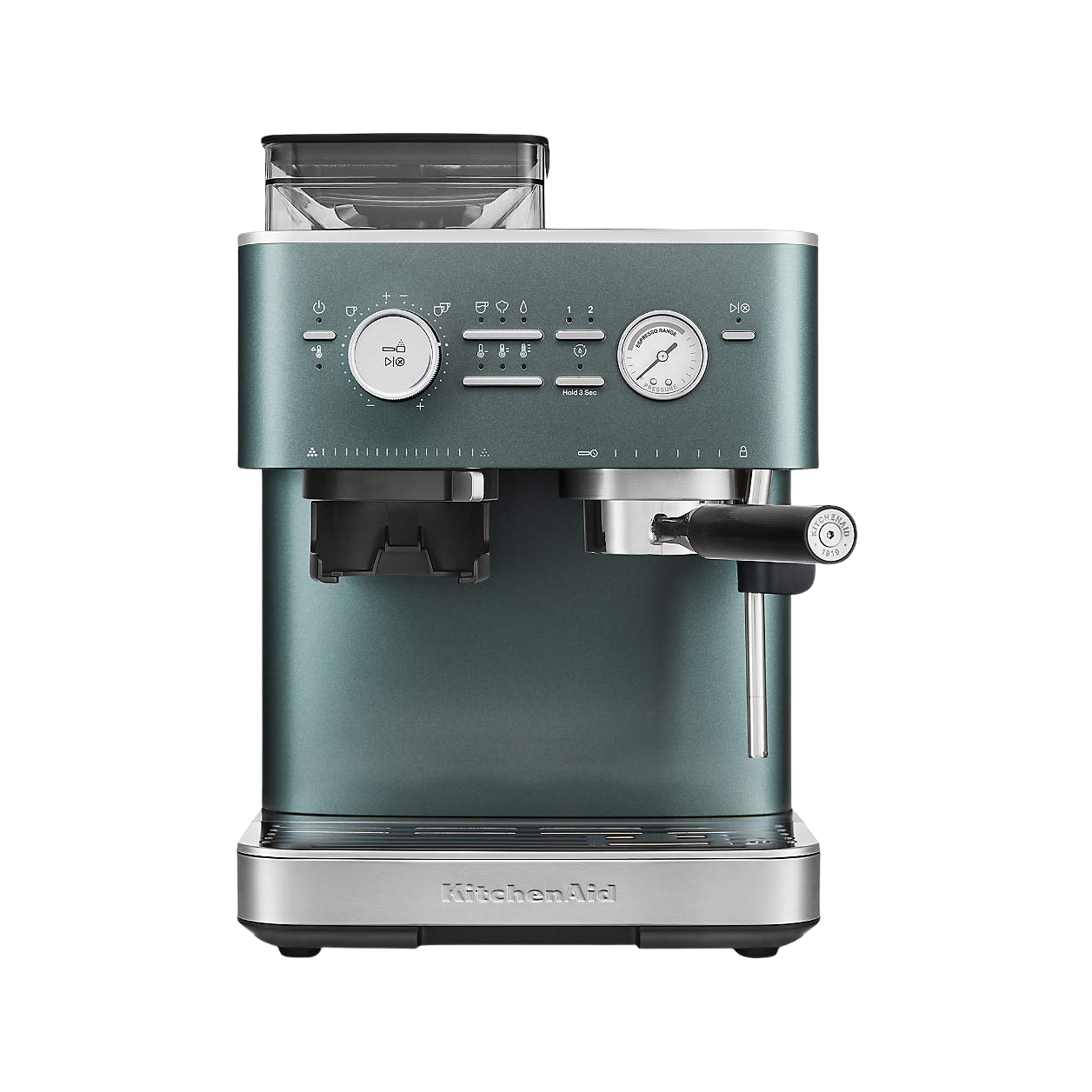 A teal and silver KitchenAid espresso machine with control dials and a portafilter attached.