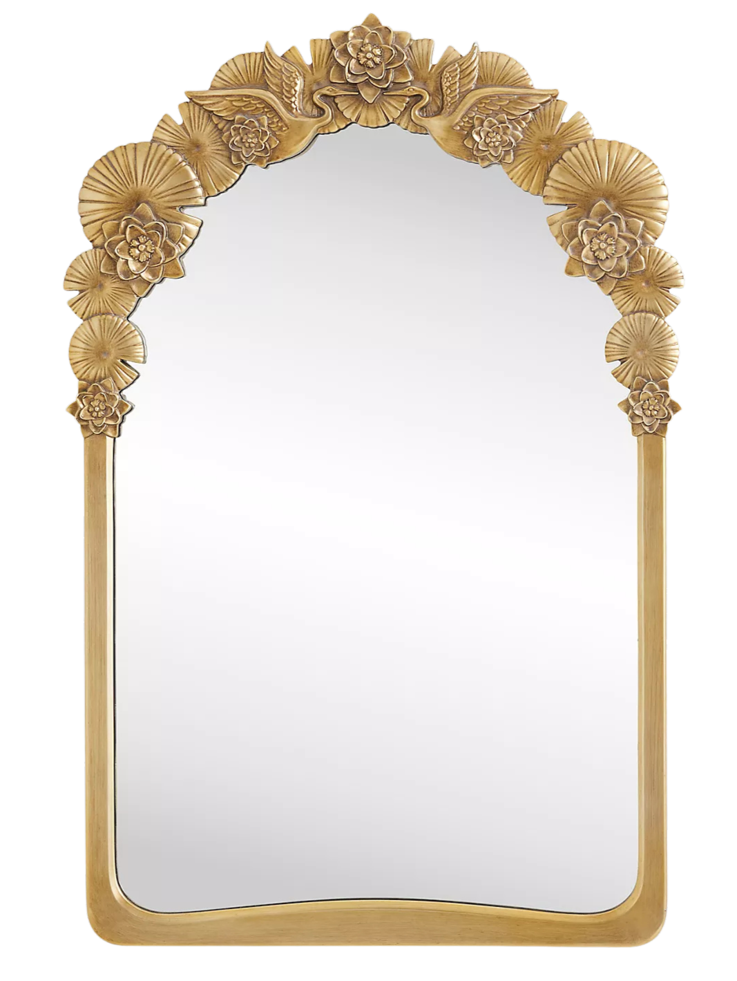 Decorative mirror with a gold floral and leaf frame at the top.