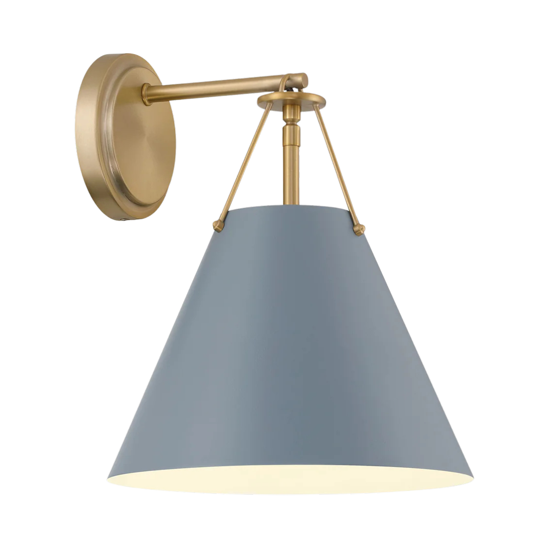 A wall-mounted light fixture with a brass arm and a grey conical lampshade.