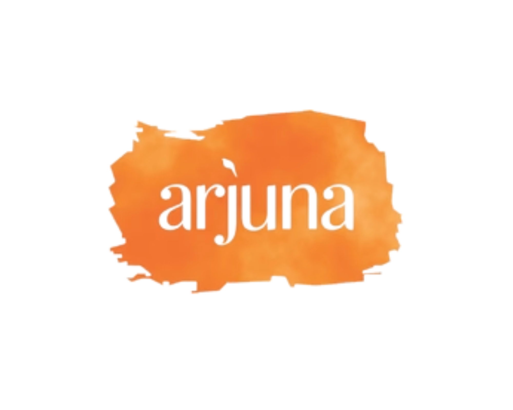 A graphic with an orange watercolor splash background and the word 'arjuna' written in white lowercase letters.