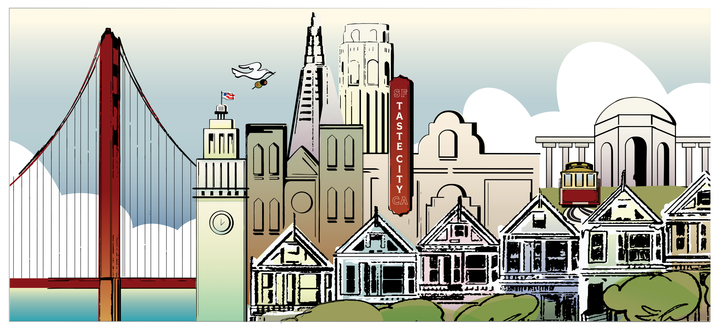Illustration of San Francisco cityscape featuring iconic landmarks such as the Golden Gate Bridge, Transamerica Pyramid, Coit Tower, and a trolley car, with stylized buildings, clouds, and a sign for 'SF TASTE CITY'.