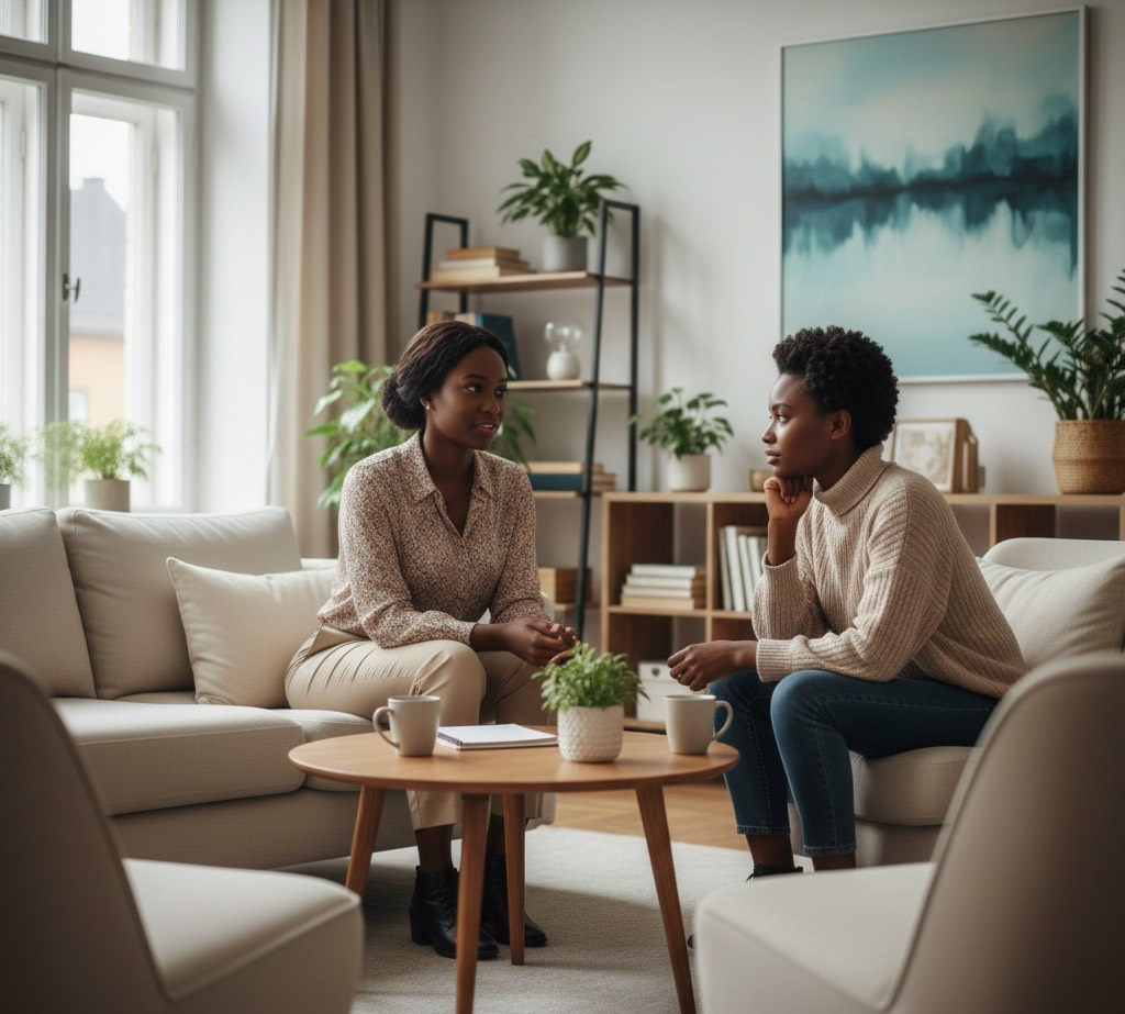 Two women having a serious conversation in a cozy living room with natural light, plants, and minimal decor.
