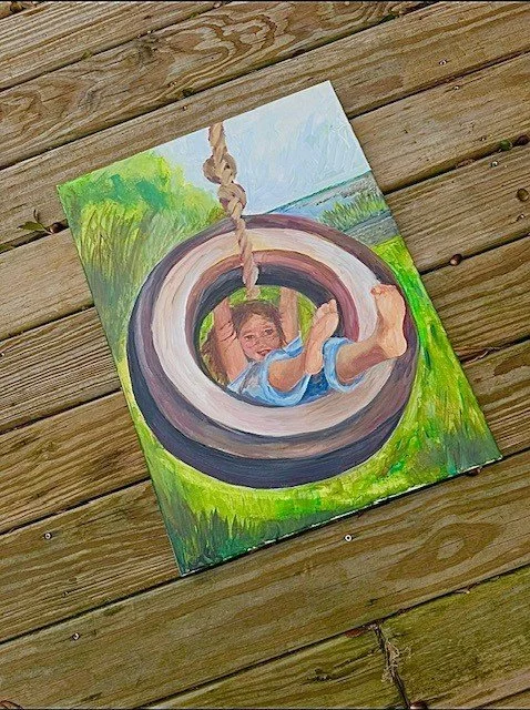 Painting of a young girl smiling and playing on a tire swing in a green outdoor setting.
