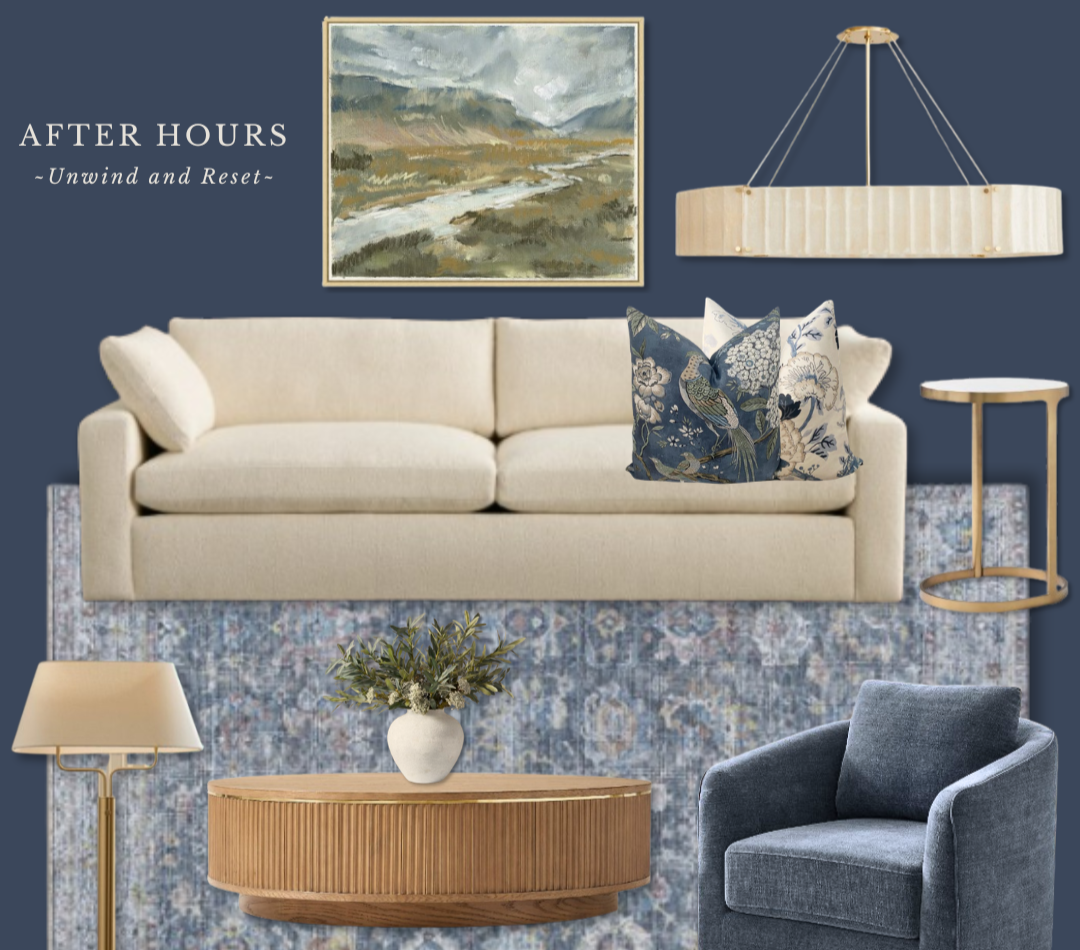 Blue relaxing living room design with a modern cream sofa, blue barrel chair, wooden fluted coffee table with greenery, blue patterned rug, abstract landscape painting, luxurious hanging glass light fixture, and brass floor lamp.