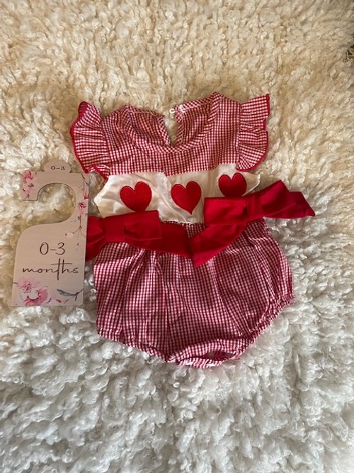 Red Check Baby Romper with Heart Accents