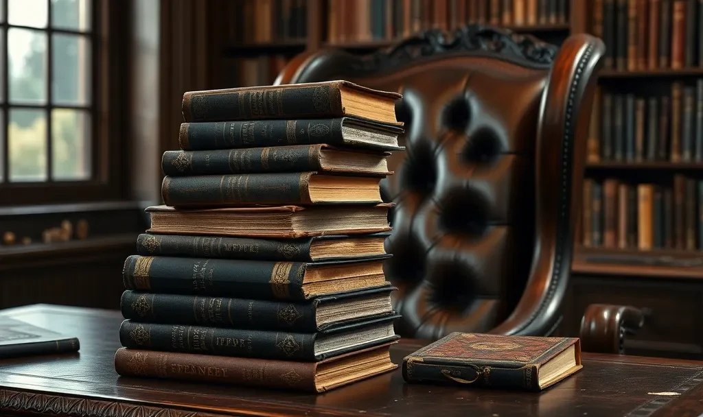 A stack of old leather-bound books on a wooden desk in a library or study.