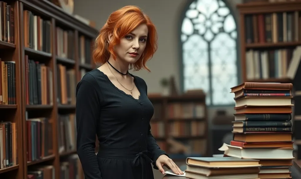 A young woman with red hair and a choker necklace stands in a library, surrounded by tall bookshelves filled with books. She is wearing a black long-sleeved top and is holding a closed book next to a tall stack of books.