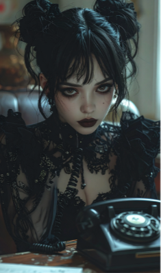 A young woman with dark hair styled in twin buns, gothic makeup, and black lace clothing sitting at a table with a vintage telephone in front of her.