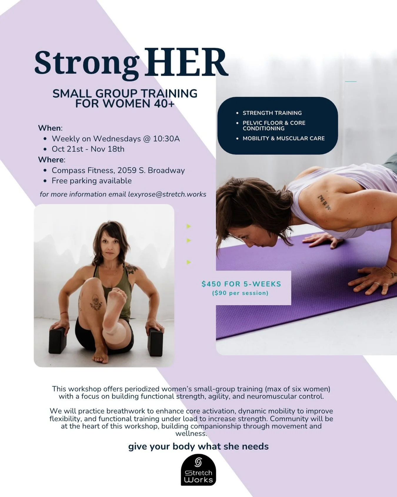 Join me and the ladies for another round of StrongHer - small group training for women 40+. This round is short and sweet, running October 21-November 18 and sending you into the holidays strong AF! 

DM with any questions or feelings of jubilation. 