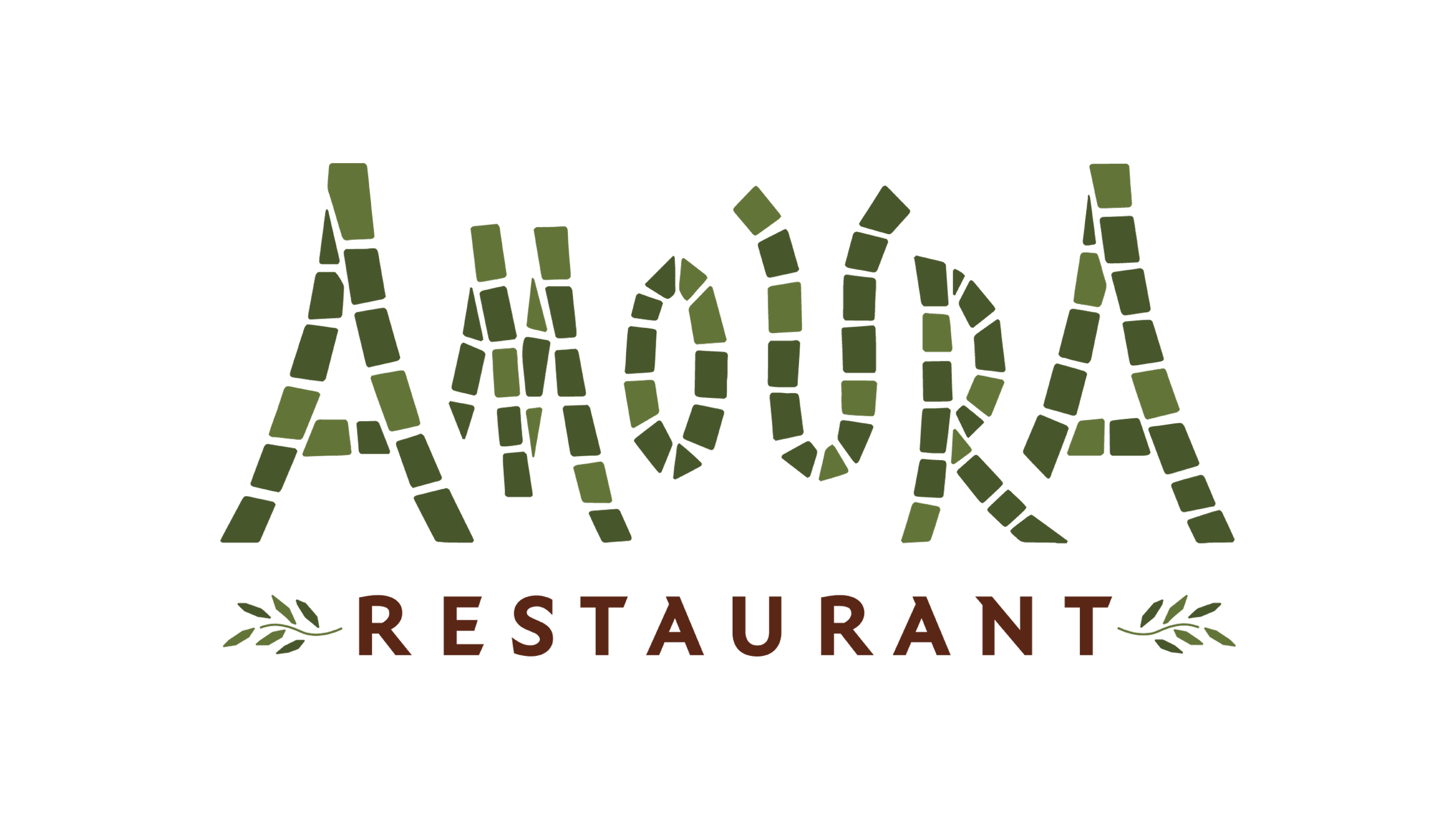 Logo of a restaurant with the word 'FOOD' designed with green brick-like shapes and the word 'RESTAURANT' written below with decorative leaves.