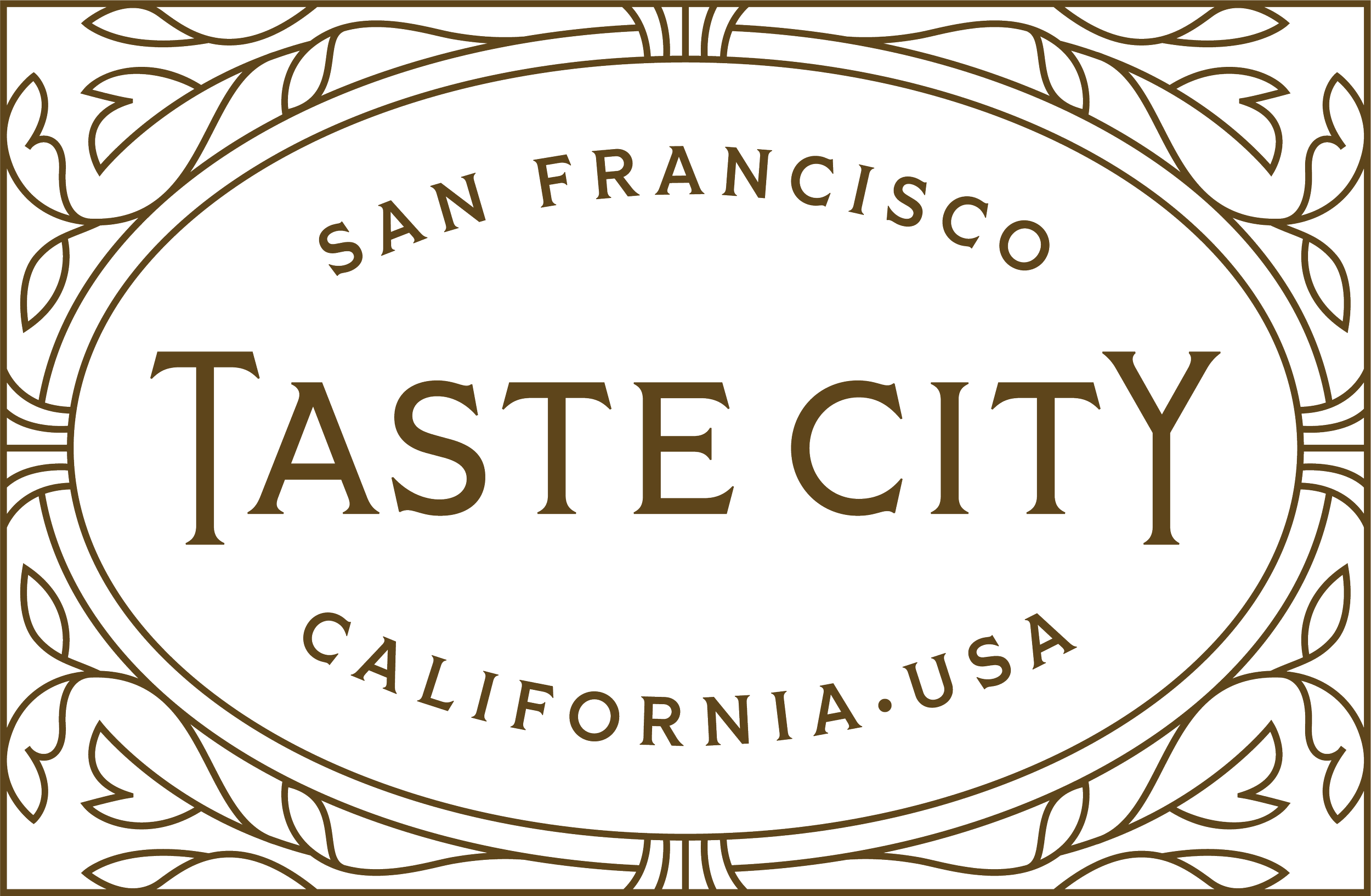 The logo of Taste City, located in San Francisco, California, features intricate gold decorative patterns on a black background with the words "San Francisco" and "California, USA" surrounding the main text.