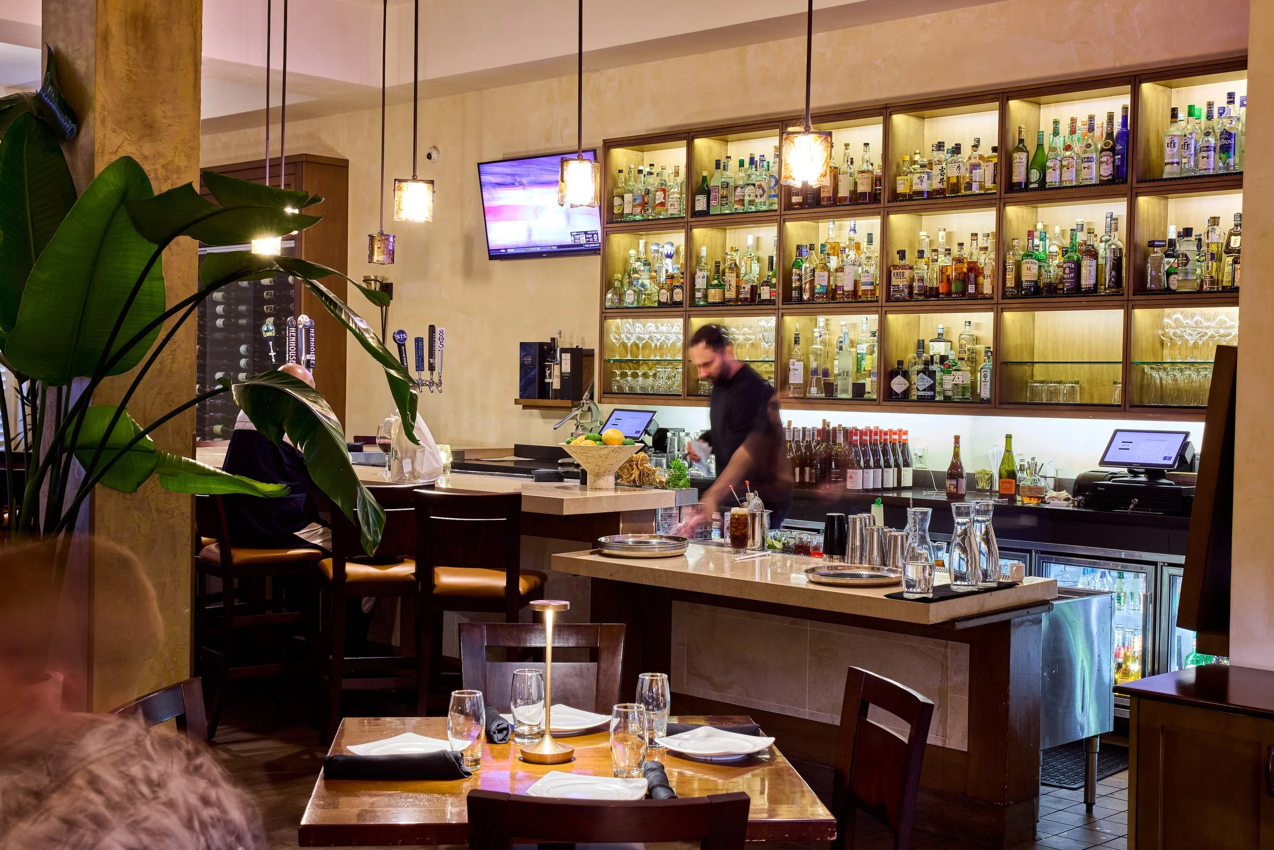 Interior of a bar or restaurant featuring a well-stocked back bar with various bottles of alcohol, a bartender preparing a drink, a large plant with broad green leaves in the foreground, a television mounted on the wall displaying a colorful backgrou