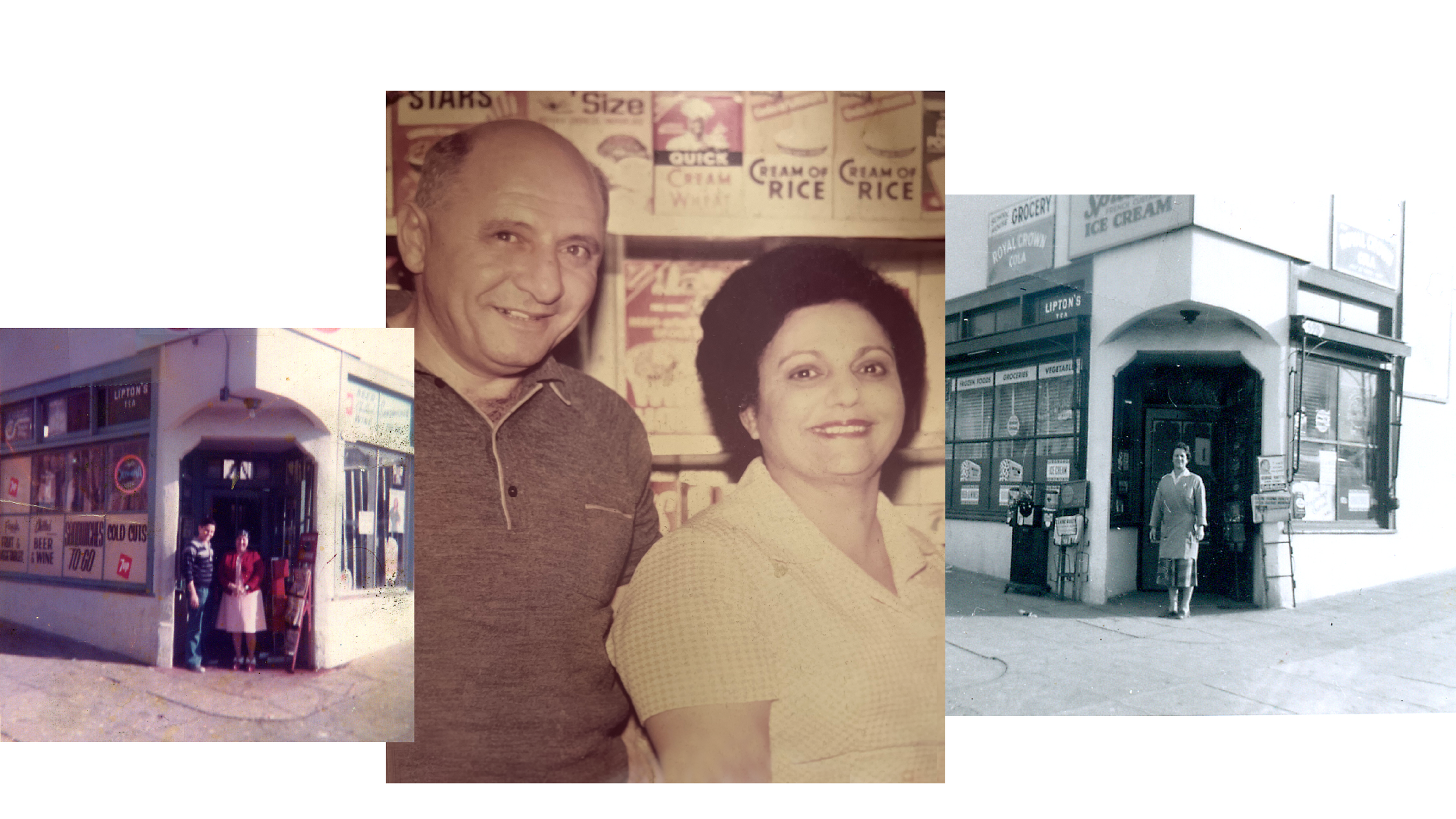 Vintage photo of a man and woman standing inside a grocery store with signs advertising rice and ice cream, and storefronts in the background.