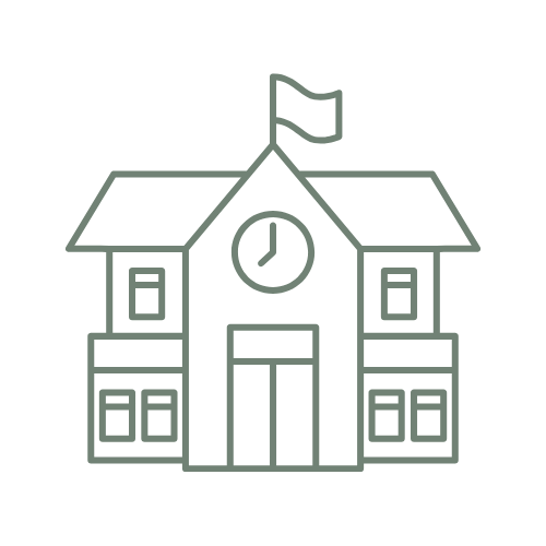 Line drawing of a school building with a clock and a flag on top.
