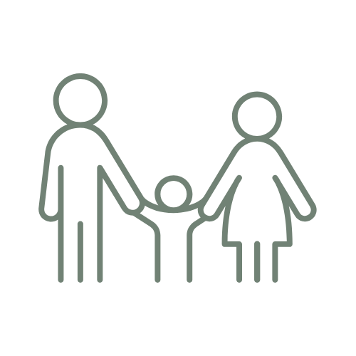 Line art illustration of a family with two adults and one child holding hands.