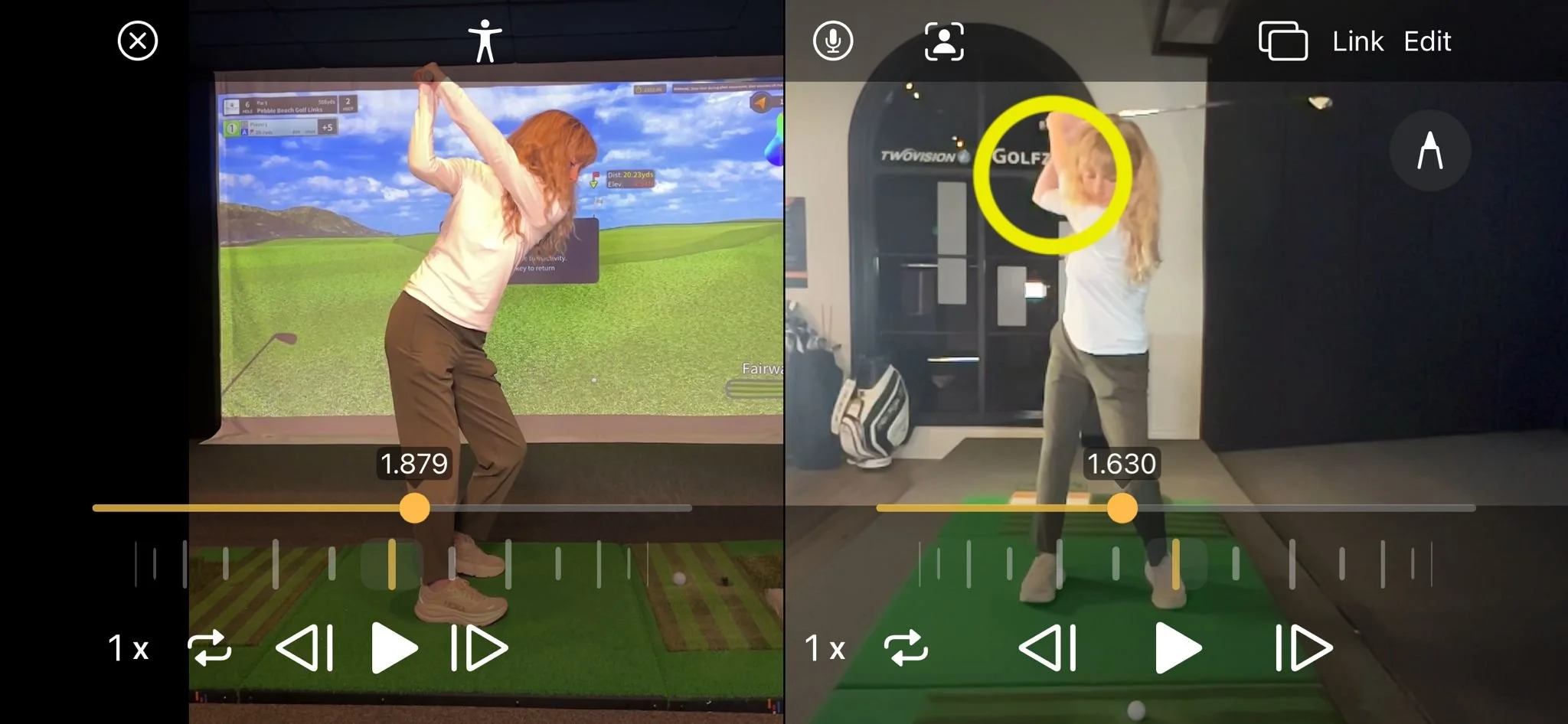 woman practicing golf indoors, one on a golf simulator screen and the other in a golf swing analysis app, showing her in different positions during her swing