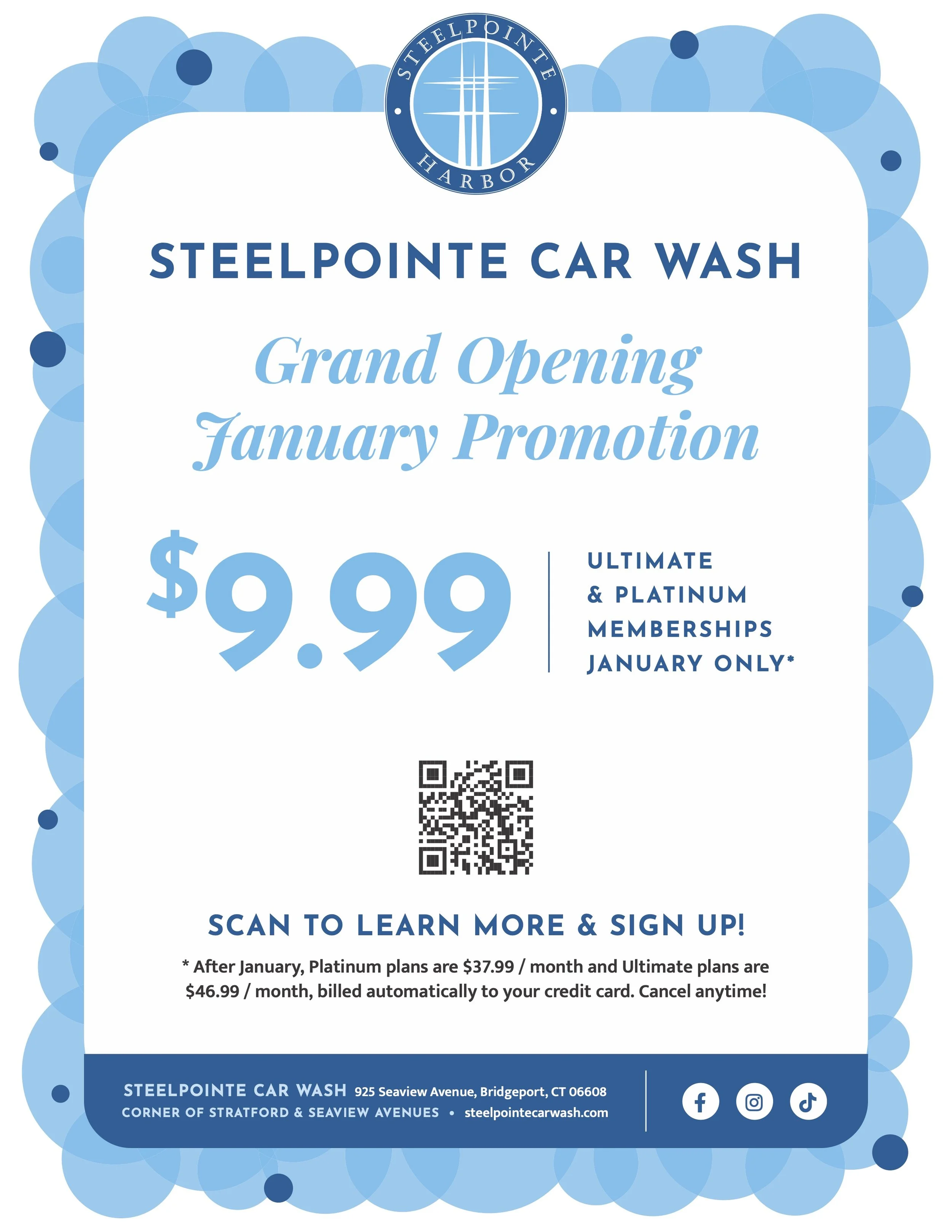 Flyer advertising the grand opening of SteelPointe Car Wash with a promotion price of $9.99 for Ultimate & Platinum memberships, January only, featuring a QR code for sign-up and social media icons at the bottom.