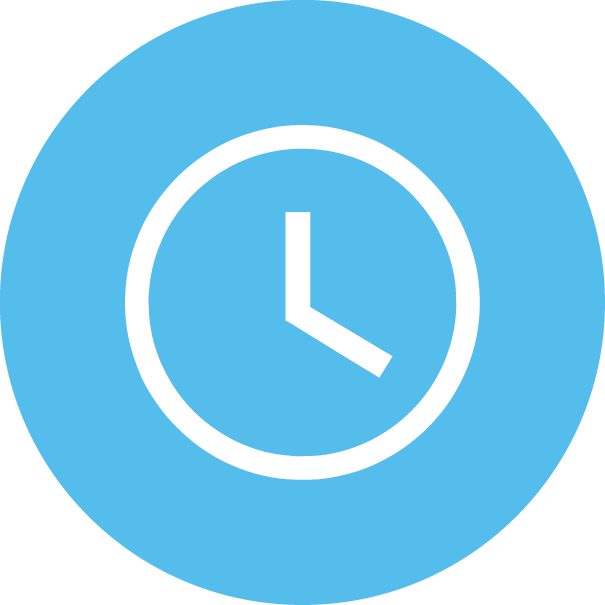A white clock icon on a blue circular background.