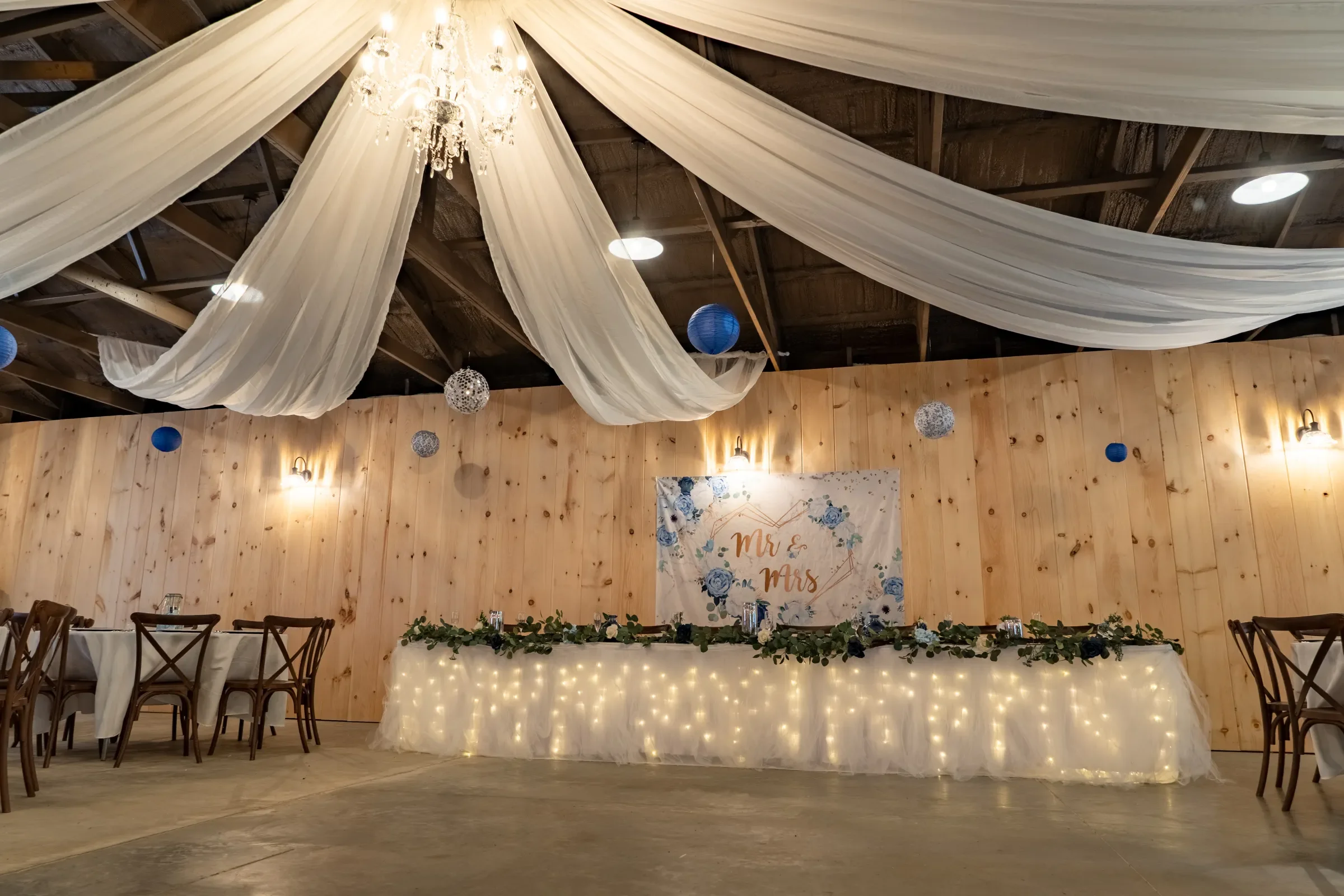 Elegant Ceiling Draping &amp; Crystal Chandelier