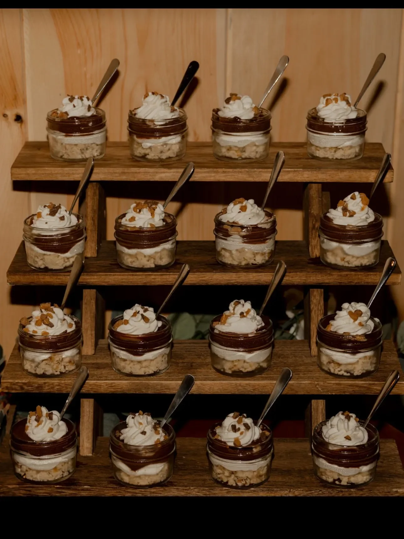 Rustic Mason Jar Wedding Desserts on Wooden Stand