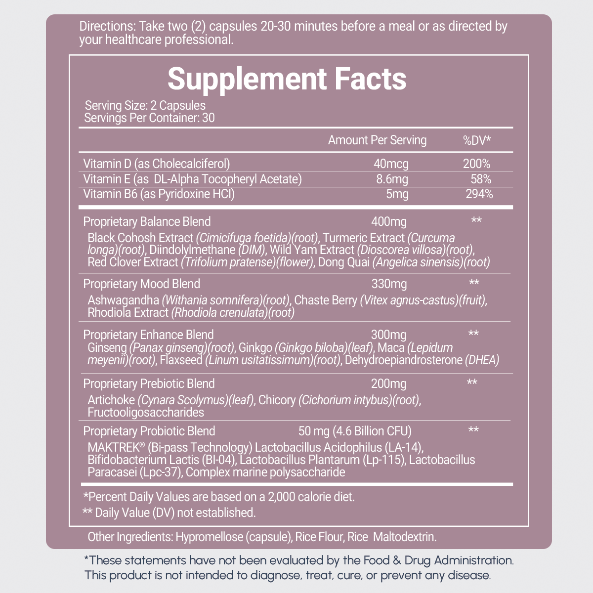 BacktoHer supplement facts featuring natural botanicals like black cohosh, turmeric, ashwagandha, and probiotics
