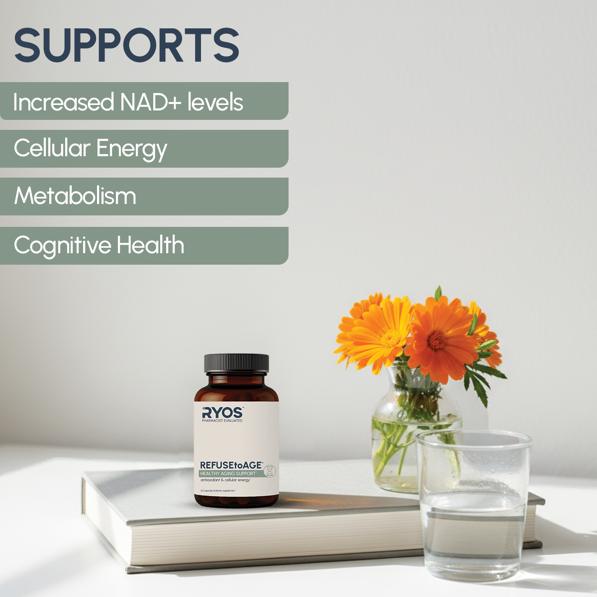   RYOS REFUSEtoAGE Healthy Aging supplement may support increased NAD+ levels, cellular energy, metabolism, and cognitive health.