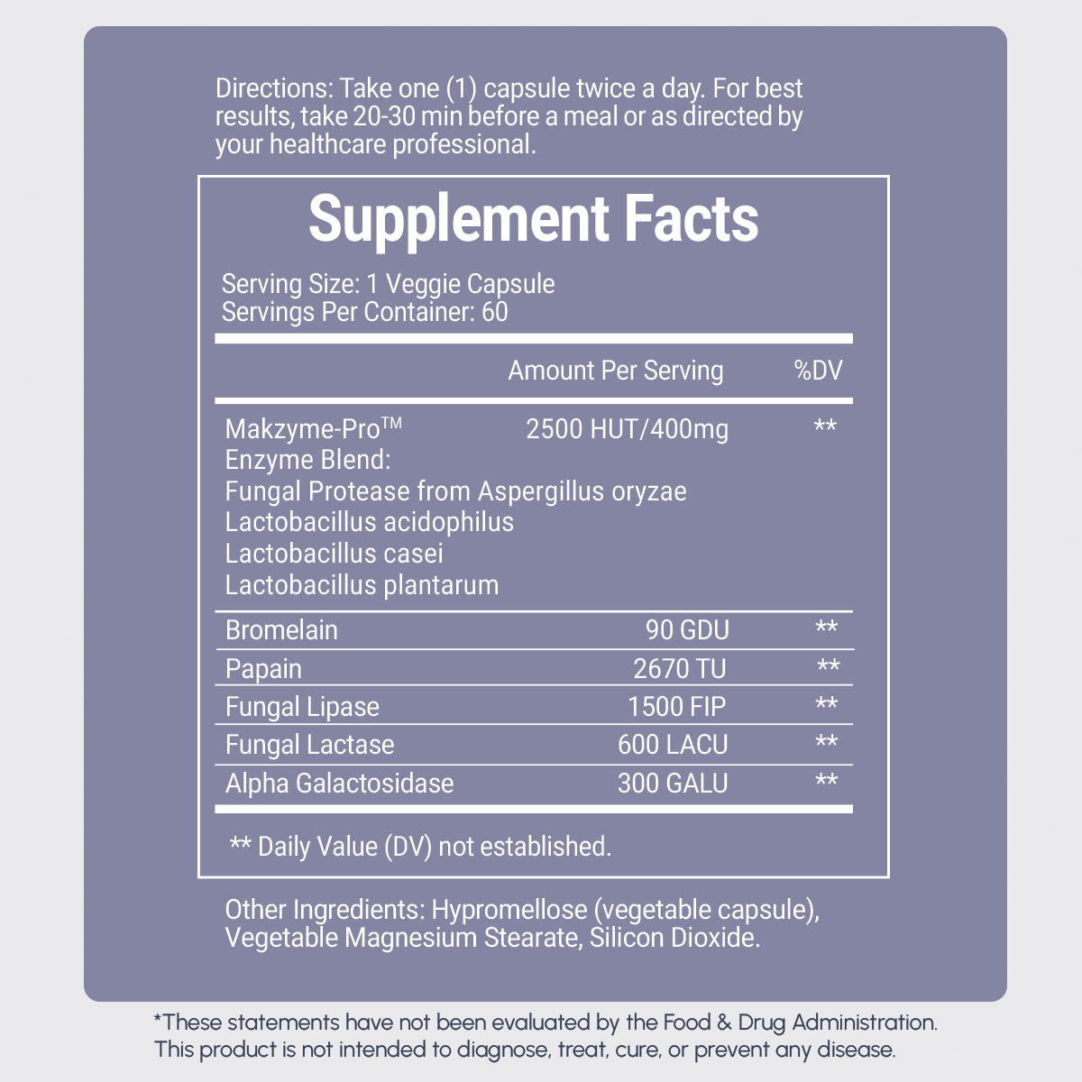 Back view of dietary supplement bottle label with directions, supplement facts, ingredients, and disclaimers.
