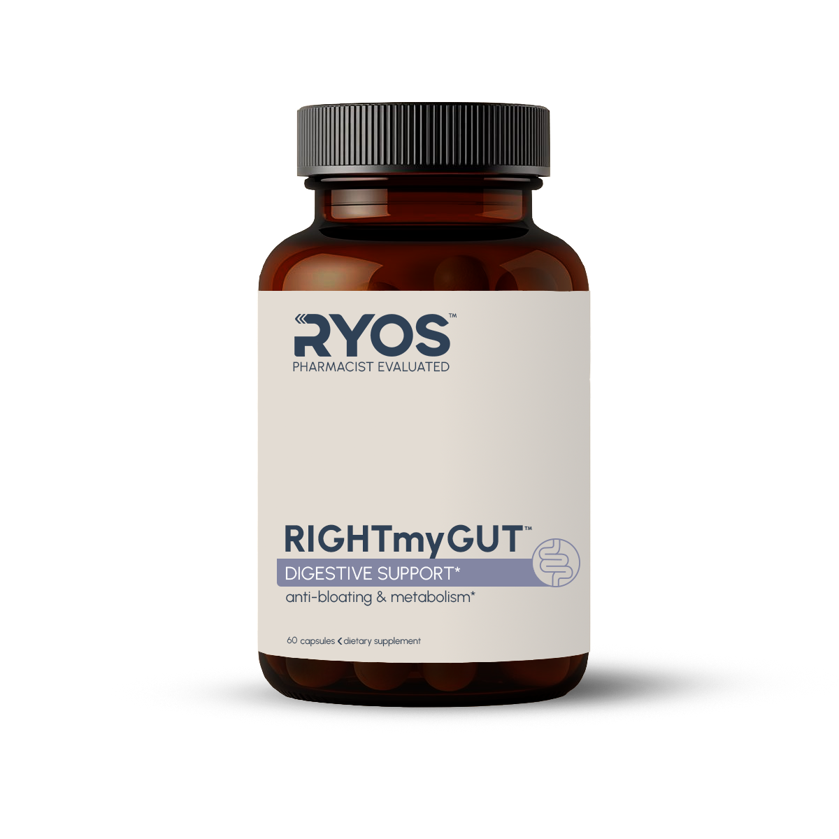 Bottle of RYOS RIGHTmyGUT dietary supplement for digestive support with anti-bloating and metabolism benefits.