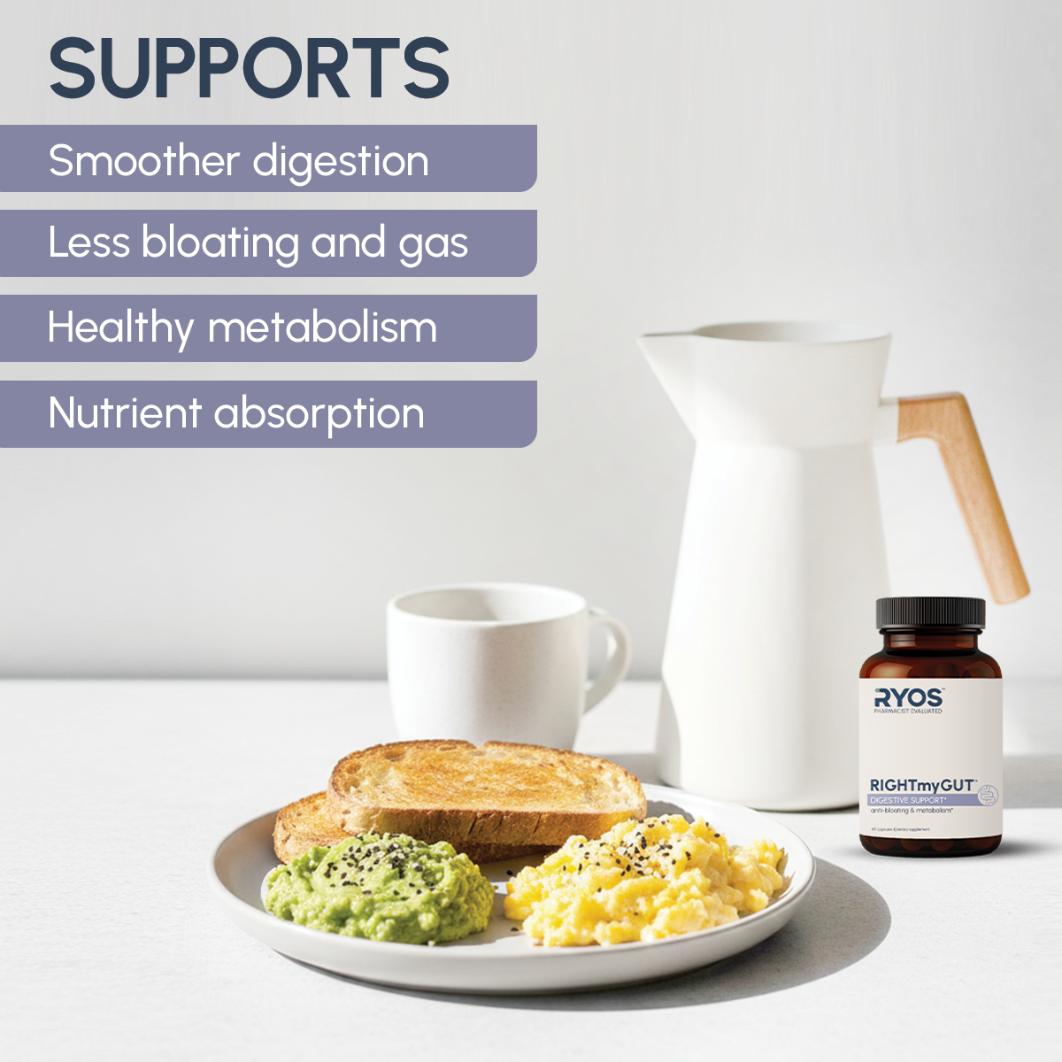 RYOS RIGHTmyGUT Digestive support supplement may support digestion, anti-bloating, and metabolism