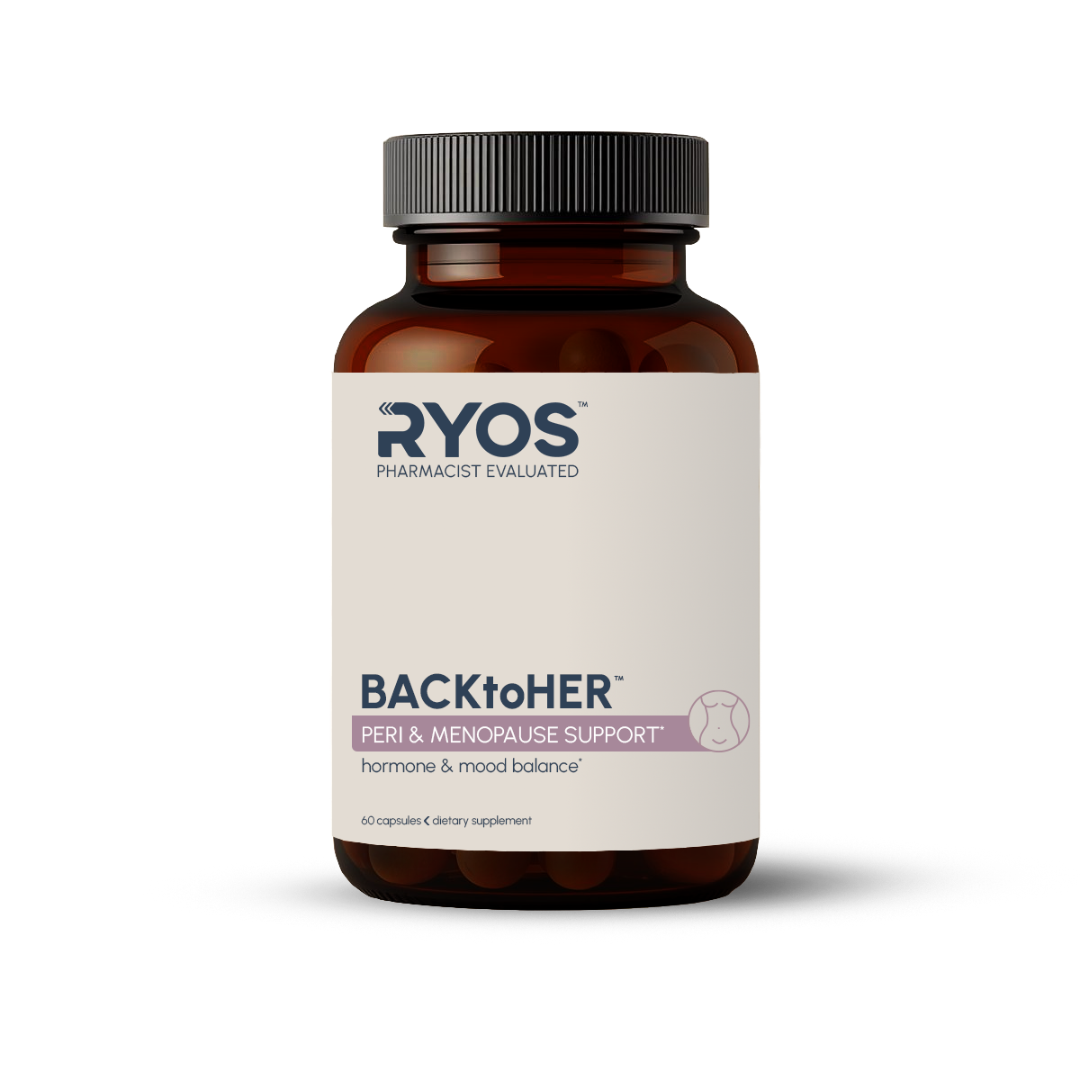 Bottle of dietary supplement called BACKtoHER for peri and menopause support with hormone and mood balance, evaluated by pharmacist, 60 capsules.