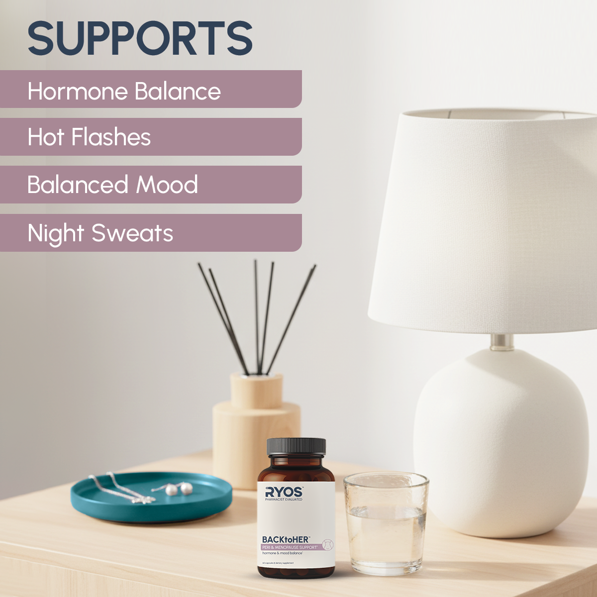 RYOS BACKtoHER perimenopause and menopause support supplement supports Hormone Balance, Hot Flashes, Balanced Mood, Night Sweats.
