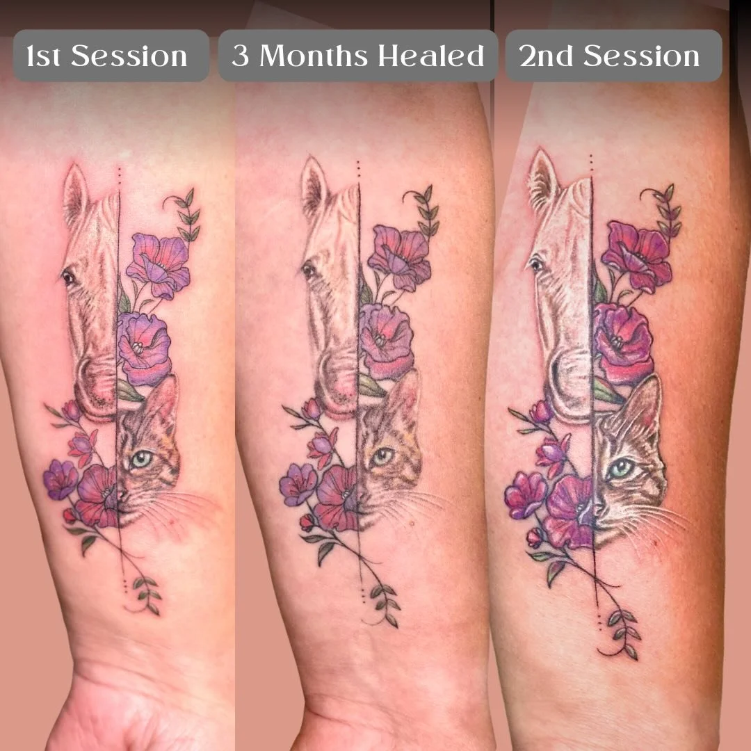 The middle photo shows my work at 4 months healed! 🤍 I always consider how the lines and techniques I use will age over time. I take my time with each tattoo to minimize unnecessary skin trauma and prevent ink migration as the design matures.

In th