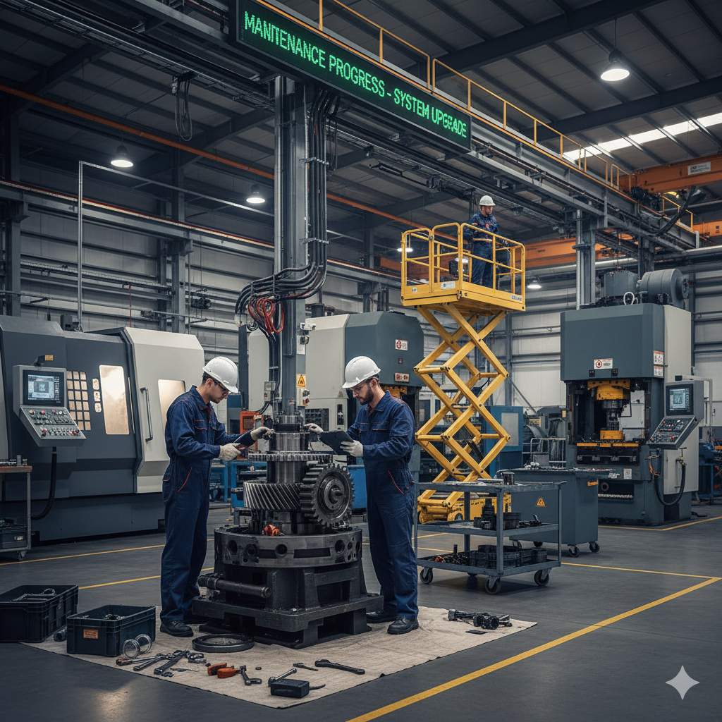 Industrial factory with two workers in protective gear working on a large mechanical part, surrounded by machinery, with a digital sign overhead displaying maintenance progress and system upgrade information.