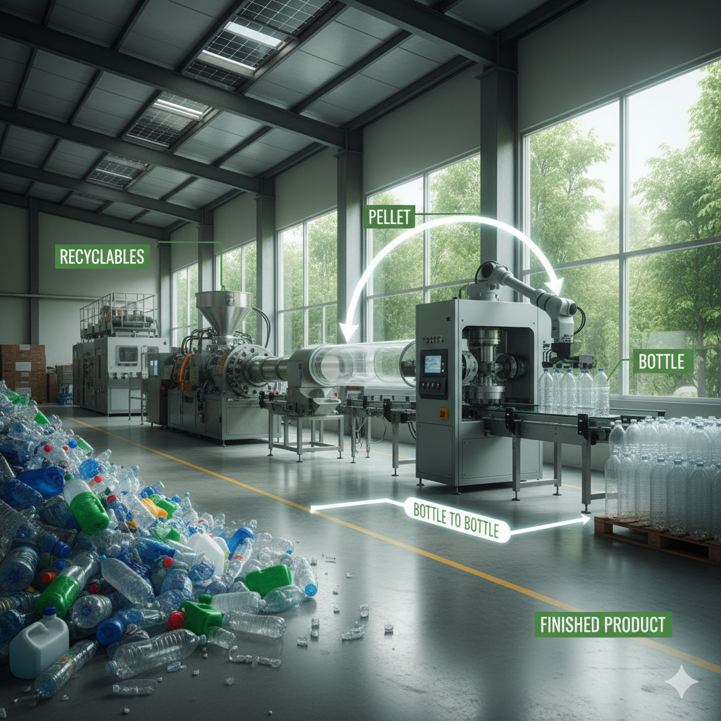Inside a plastic bottle manufacturing plant, sliding glass windows showing green trees outside. Piles of crushed plastic bottles on the floor. Industrial machinery labeled for recycling, pelletizing, and bottle manufacturing. Bottles being processed from raw material to finished product, with labels indicating 'Recyclables,' 'Pellet,' 'Bottle,' 'Bottle to Bottle,' and 'Finished Product.'