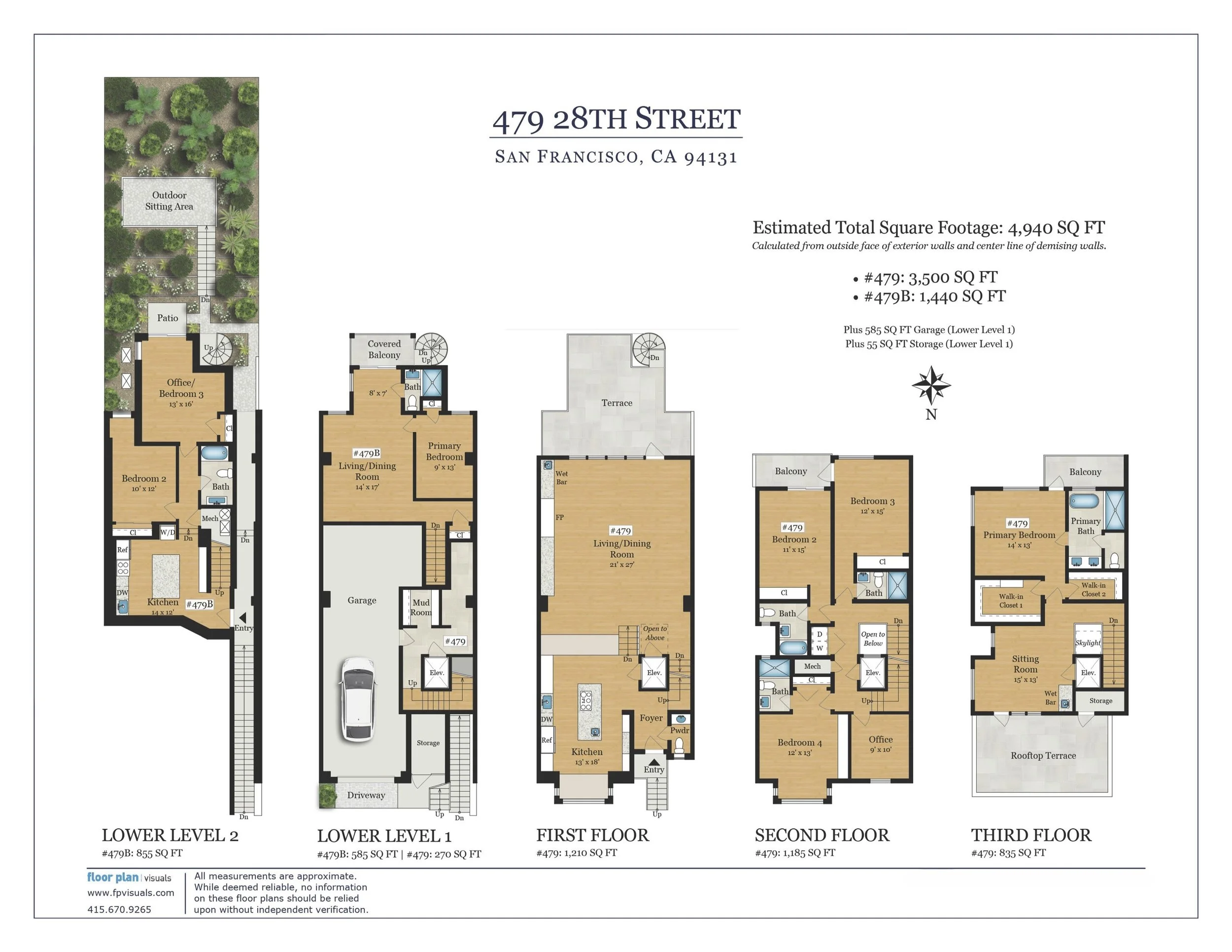 Floor plan of a multi-story residential property at 479 28th Street in San Francisco, showing layouts for lower level, first, second, and third floors, with labels for rooms, garages, balconies, terraces, and outdoor sitting area.