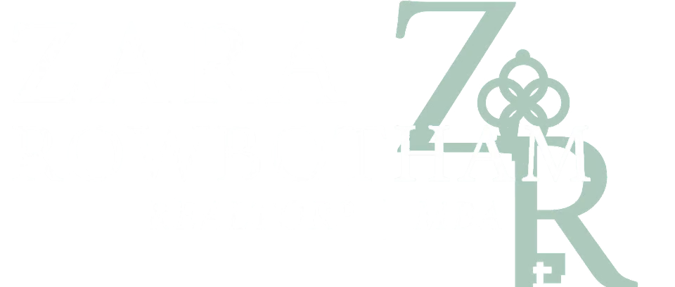 Design with the text 'ZARA' and 'ROWBOAT' alongside large stylized letters and decorative elements.