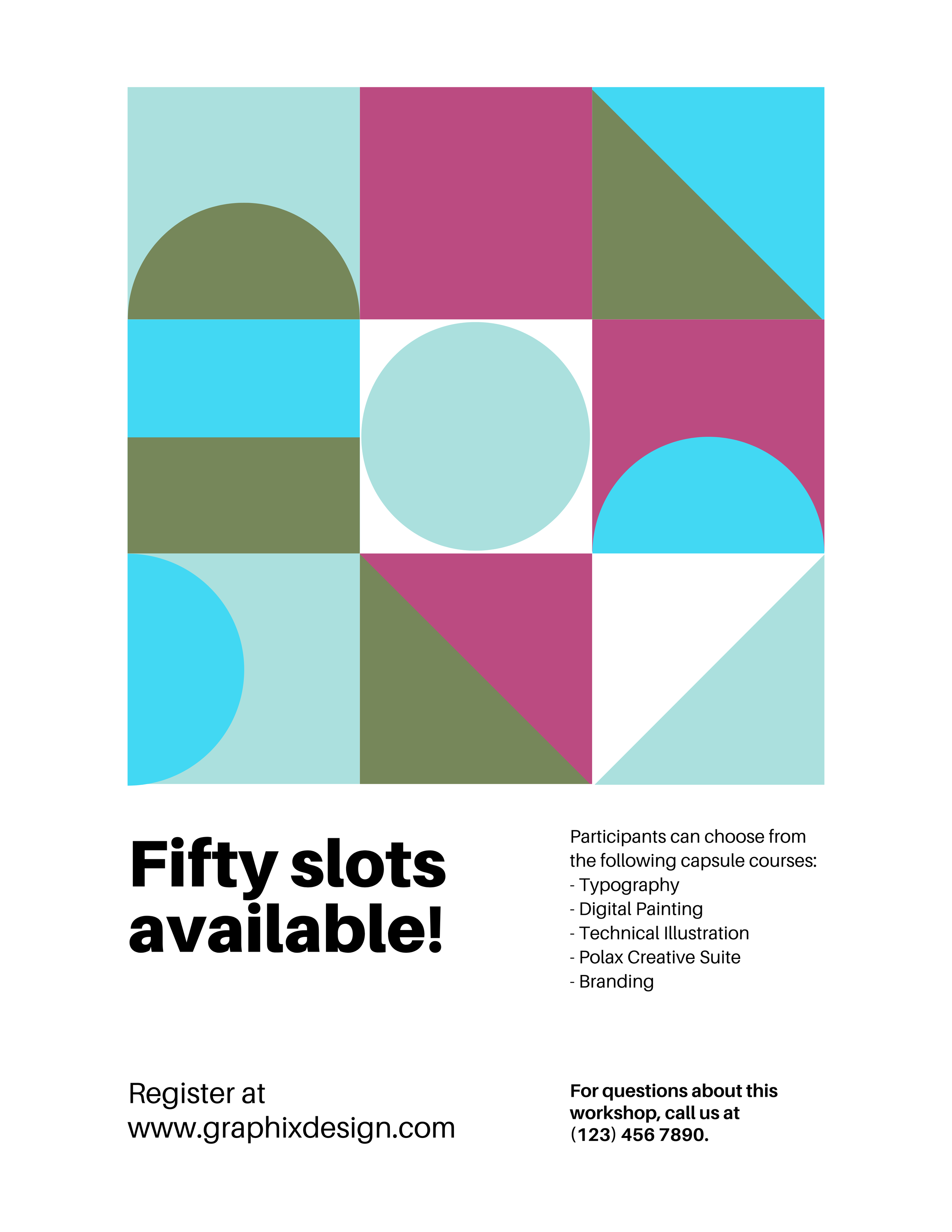 Graphic poster announcing fifty slots available for a creative workshop with courses in typography, digital painting, technical illustration, Polax creative suite, and branding, featuring a colorful geometric design.