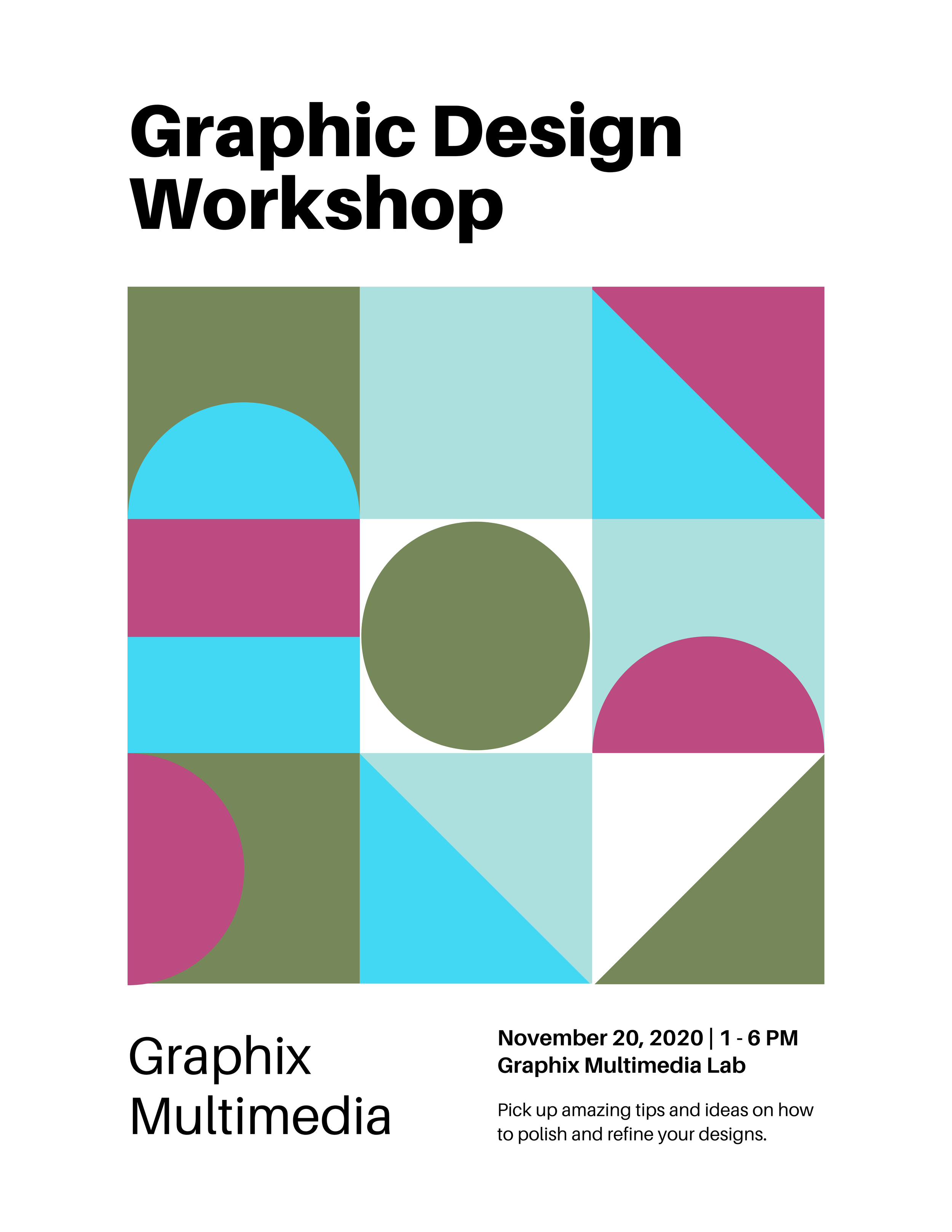 Poster for a Graphic Design Workshop by Graphix Multimedia, scheduled for November 20, 2020, from 1 to 6 PM at the Graphix Multimedia Lab, with colorful geometric pattern background.