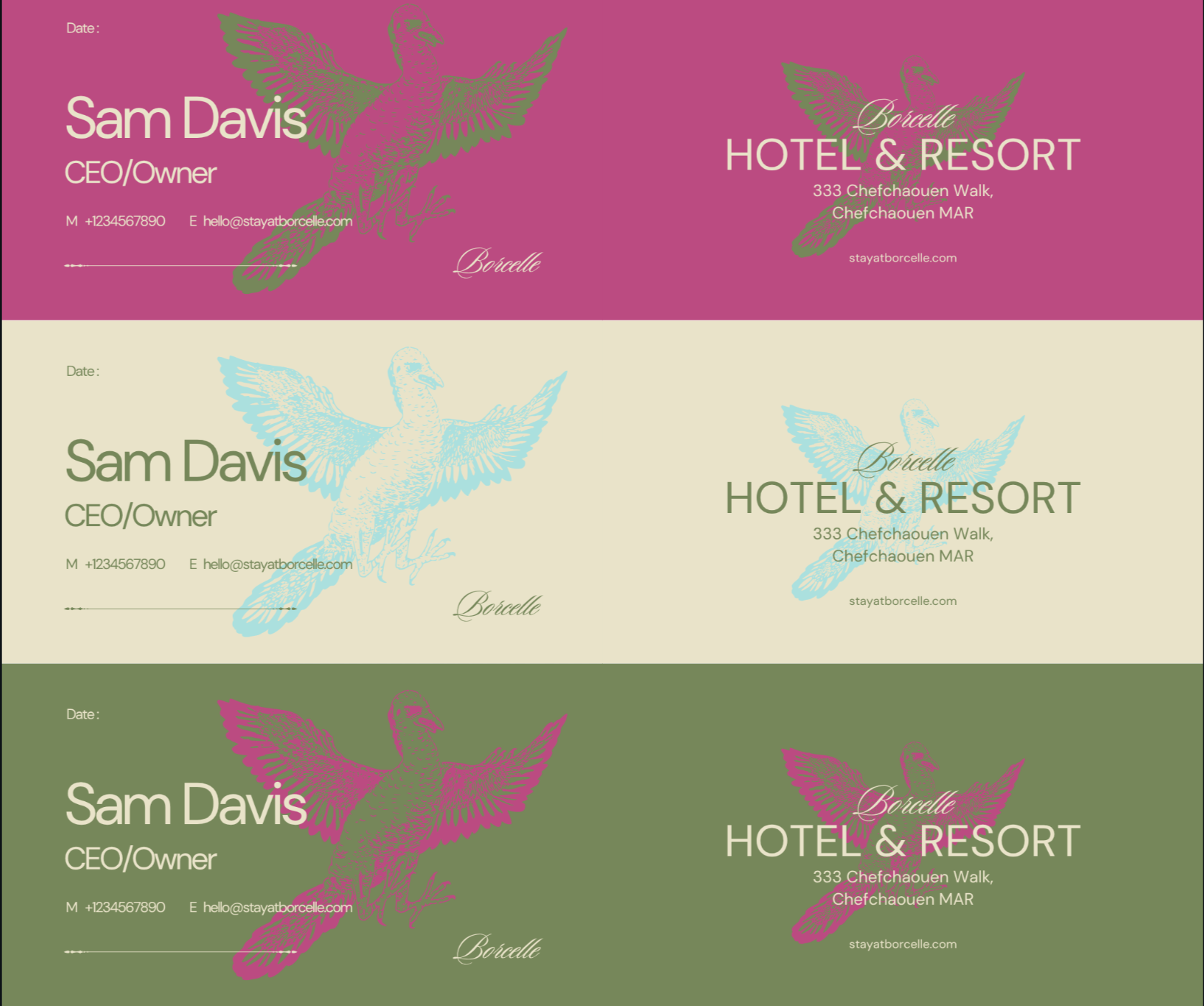 Business cards for Sam Davis, CEO/Owner, with different color schemes. Each card has a stylized bird illustration, contact information, and the address 333 Chefchaouen Walk, Chefchaouen, MAR, with variations in background color and bird color.