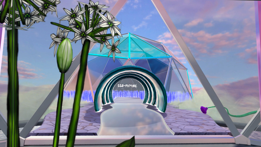 Futuristic glass dome structure with the words 'ECO-FUTURE' at the entrance, surrounded by pathway and plants, set against a sky with clouds.