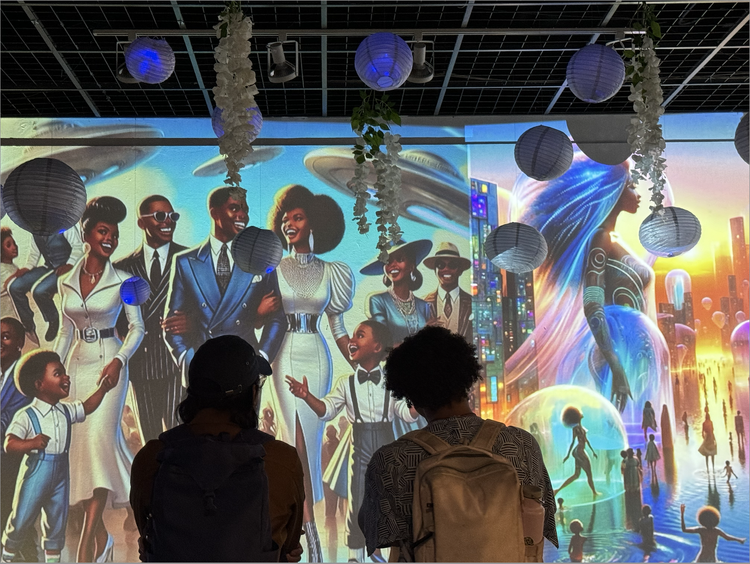 Two people with backpacks looking at a colorful animated mural featuring diverse characters, futuristic cityscape, and celestial elements.