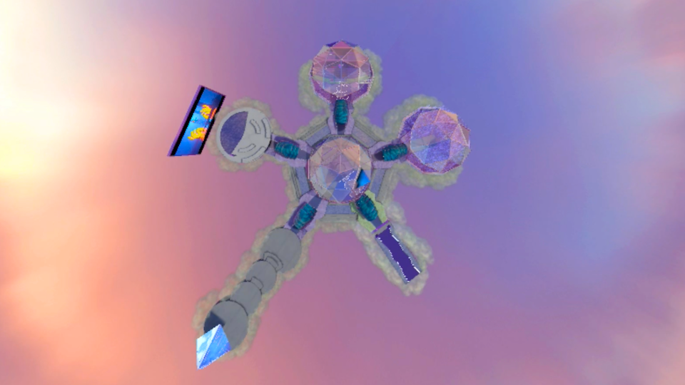 A futuristic, space station-like structure with large geodesic domes, connected by tubular corridors, floating in a colorful sky with shades of pink, purple, and orange, with three smartphones attached to parts of the structure.