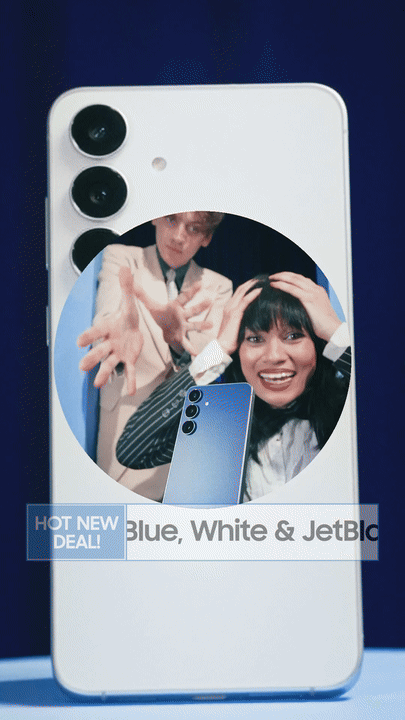 A smartphone with three camera lenses on the top left corner, reflecting a mirror showing a woman smiling and a man behind her, holding a phone. The text on the package reads "HOT NEW DEAL! Blue, White & JetBlue".