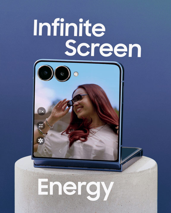 A promotional image for a smartphone featuring an endless screen with a woman smiling and wearing sunglasses displayed on the phone's screen.