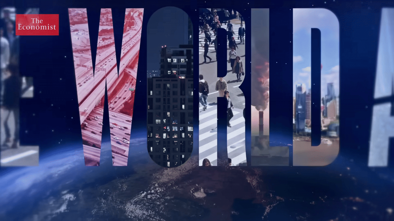 Graphic with the word "WORLD" filled with images of cityscapes, roads, buildings, and people during the day and night, with a background of Earth from space.