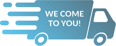 Blue background with white text saying 'We Come to You!'
